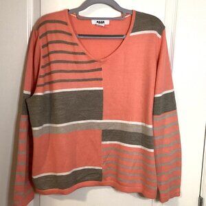 Alia Women's Sweater Size Petite (PL) Peach Gray Striped V-Neck Thin Lightweight